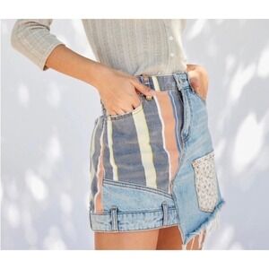 BDG Denim Mini Skirt Asymmetrical Patchwork Striped Floral Size Large